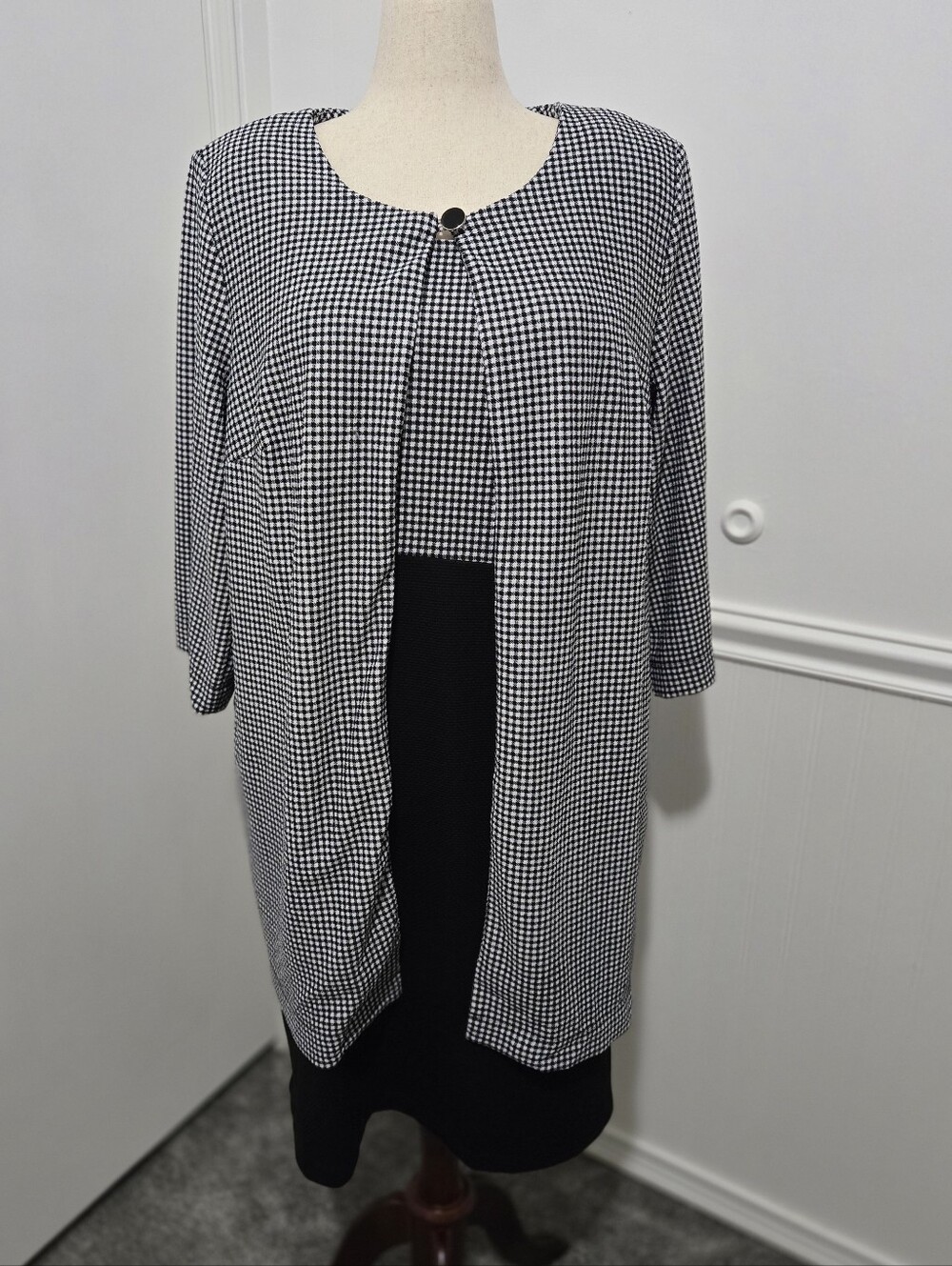 NY Collection Black and White Midi Dress with Checked Overlay